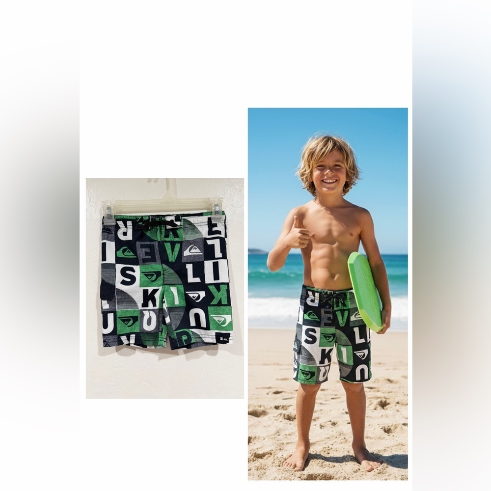 Quiksilver Kids Swim Trunks Board Shorts - Green, Black, and White